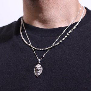 Silver Lion Pendant Necklace + 3mm Rope Chain Set